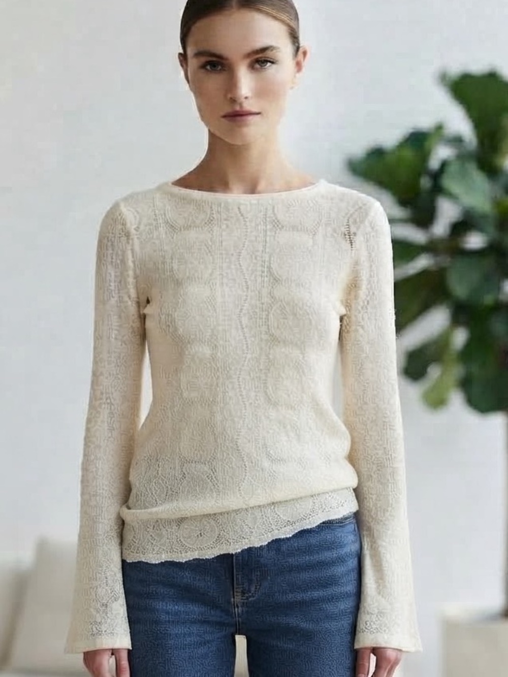 Sheer Lace Bell Sleeve Top Medium Fairycore Y2K floral pattern
